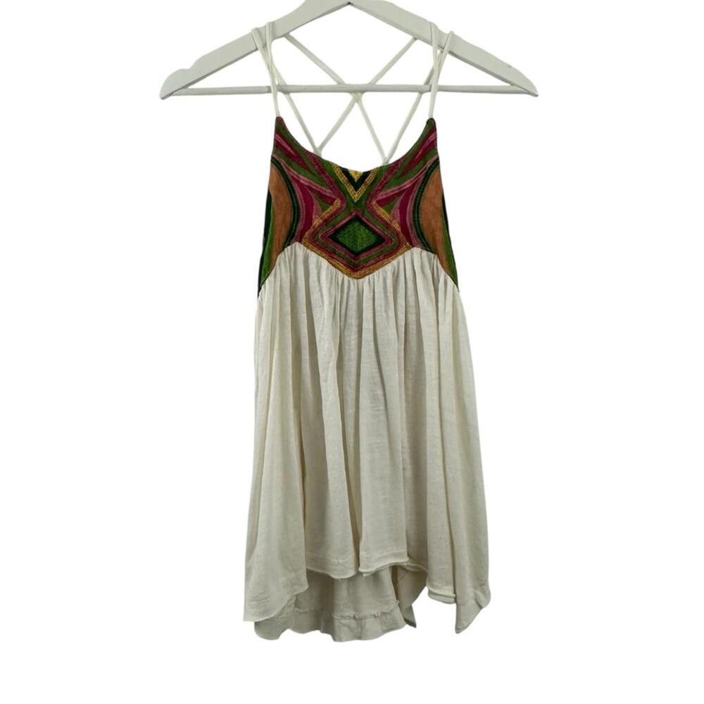 SOLD  People Women’s White Beach Date Tank Multicolor Embroidery Tank
